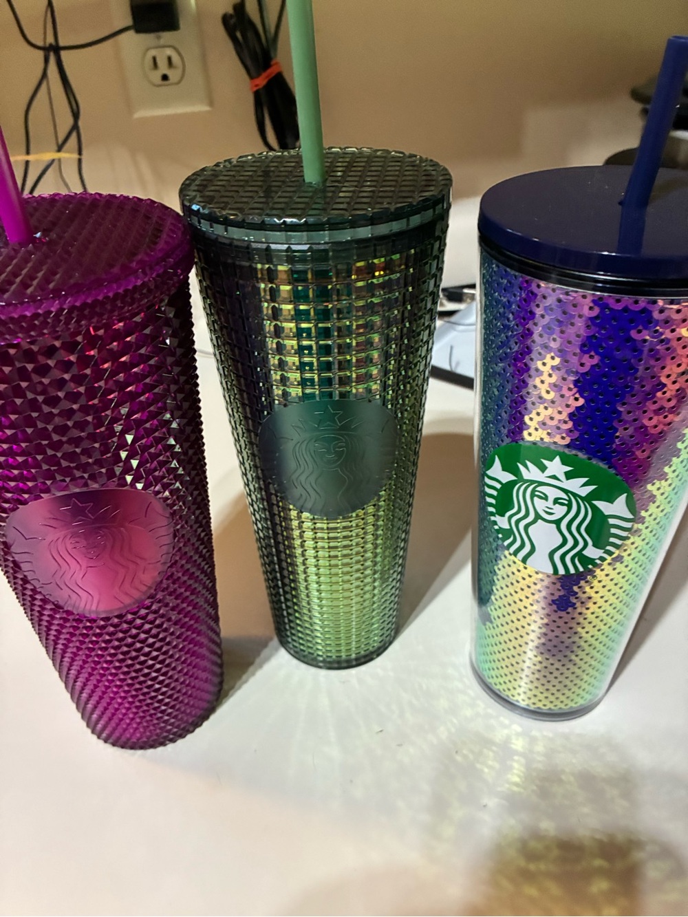 Starbucks Iridescent Green and Purple Studded Cold Cup Set